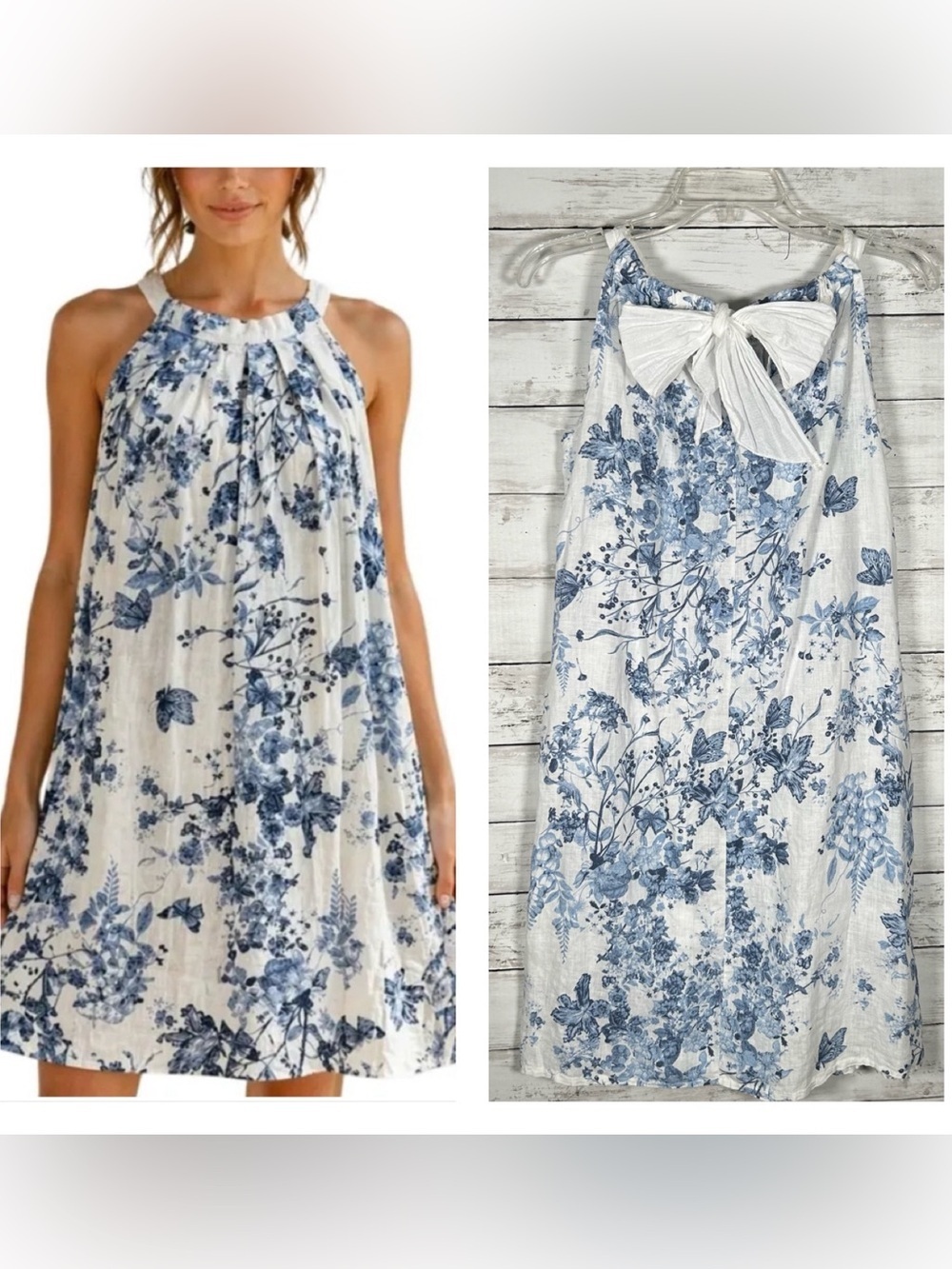 Bellambra Italy Linen Cottagecore Dress White Blue Toile Halter Tie XS